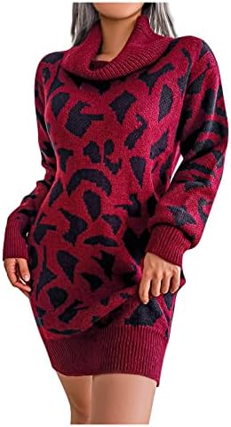 Женствена Рокля-пуловер, Секси Рокля-пуловер с дълги ръкави и Принтом, Рокля-пуловер с Висока Воротом и Дълъг