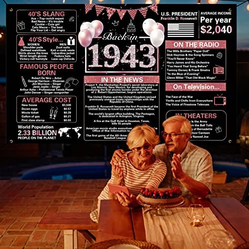 Украса на 80-ия рожден ден Crenics от Розово злато за жени, Ретро Банер на рождения Ден на 1943 година, един Голям Плакат на годишнина от 80-годишен юбилей, Фото-Фон на партит