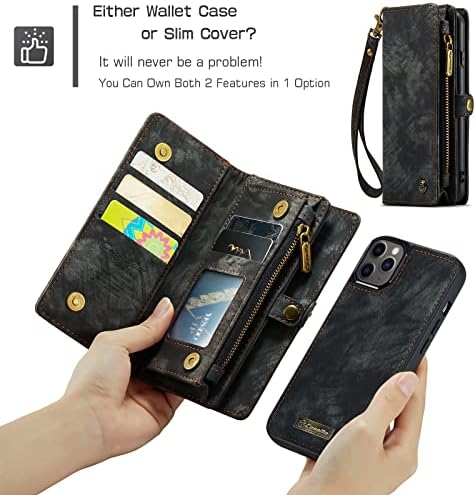 Чанта-портфейл ZORSOME за iPhone 11 Pro Max, 2 в 1, Сменяем калъф от изкуствена кожа premium с 8 Отделения за карти, Калъф с Магнитна цип, Панти Каишка-Дантела, Гривни за жени, Мъже, Мо?