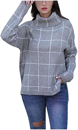 Дамски Пуловери С цепка отстрани, мек вълнен плат Пуловер с висока Воротом, Блузи с Високи Ниско Подолом, Карирани
