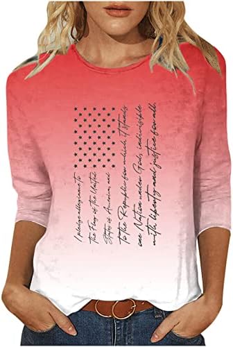 Блузи с ръкави 3/4 за Жени, Пуловер Свободно Намаляване с кръгло деколте, Риза, Патриотични Тениски с Графичен Дизайн, Блуза с Забавен Писмото Принтом, Флаг на САЩ