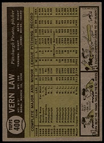 1961 Topps 400 Верн Лоу Питсбърг Пайрэтс (Бейзболна картичка) EX/MT+ Пирати