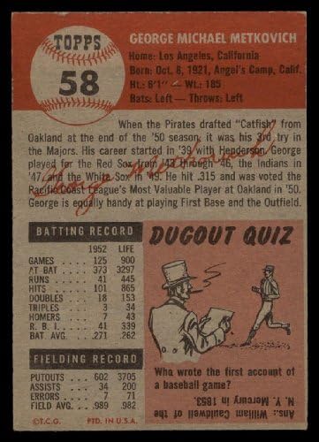 1953 Topps 58 Джордж Меткович Питсбърг Пайрэтс (Бейзболна картичка), БИВШ пират