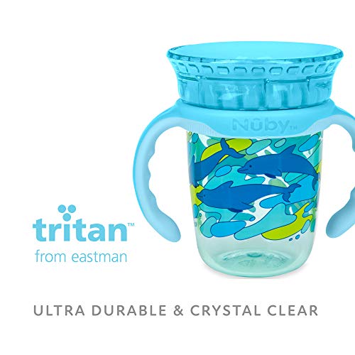Двустепенни чаша за пиене Nuby 360 Edge с Подвижни дръжки и хигиенна капачка: 8 унции / 240 мл, 12 м +, Делфините,