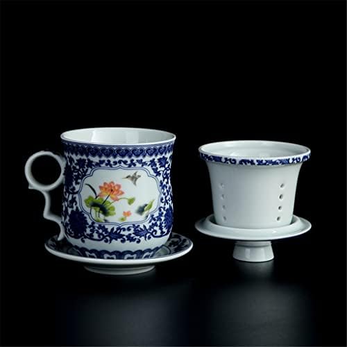 WIONC Синьо-бялата Керамична Чаена чаша Офис чаша с Цедка за чай с капак и отделение за вода (Цвят: A)