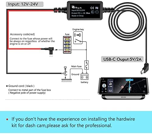 Комплект кабели за видеорегистратора USB C, Комплект кабели USB C за видеорегистратора,Bangjia 12 В 24 В до