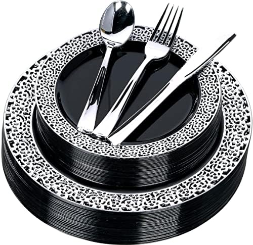 Пластмасови чинии и сребърни прибори FOMOICA Black Silver - 125 бр., Определени Еднократни Пластмасови прибори