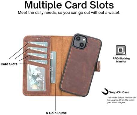 Кожена подвижна чанта-портфейл, който е съвместим с iPhone 14 Pro (6,1 ), MagSafe, защита от радиочестотна идентификация,