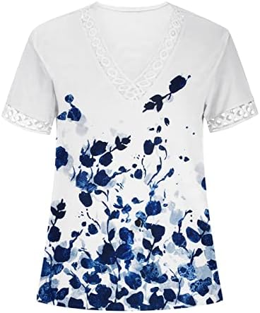 Дамски Лейси в памучна Тениска с V Образно Деколте и Цветен Модел за Момичета Лято Есен WX WX