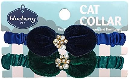 Blueberry Пет, 2 Цвята, Разтеглив Кадифени Яки котки с лъкове и перли, 2 опаковки, Зелен и син, Яка за момчета,