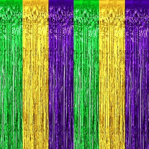 4 Опаковки Завеса с ресни от фолио за Марди Грас, 3,28 Фута x 9,8 Фута, Златисто-Зелено, Лилаво, Метална Сърма,