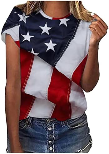 Ризи Ден на Независимостта за Жени, Тениска с Кръгло деколте и Къс Ръкав, Блузи, Модни Патриотични Тениски с