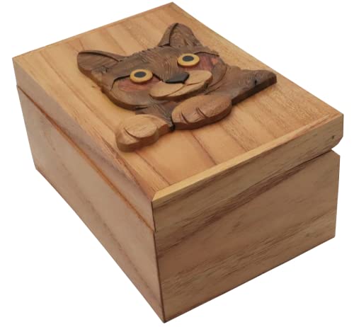 Дървена кутия с котешка красива глава, 6 x 4 x 3 - идеални за скривалището и кутии за спомен, за подаръци, бижута