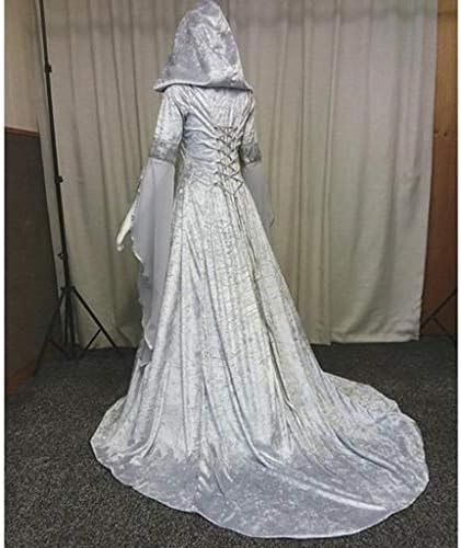 Рокля вещица, жена винтажное рокля-наметало на вещица с качулка, ръкав тръба, средновековна сватбена рокля,