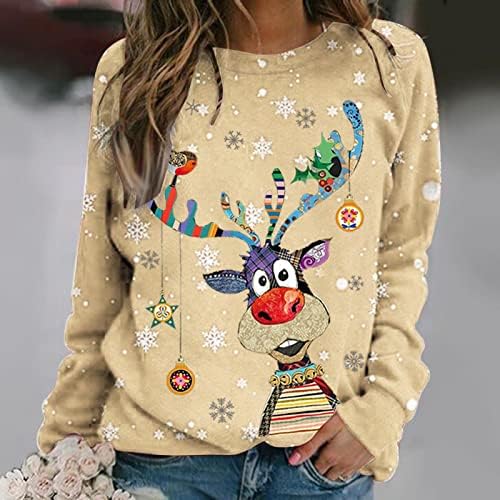 Жена грозна коледен пуловер, забавни ризи с дълги ръкави и сладък принтом елен, есенна новост, свитшоты с яка