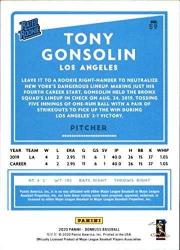 2020 Donruss 59 Бейзболна картичка начинаещ Лос Анджелис Доджърс Тони Гонсолина