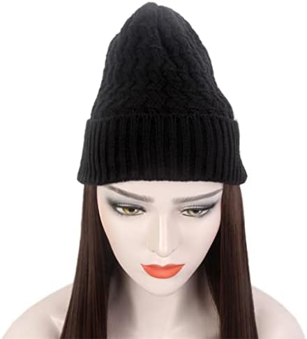YXBDN Модни европейската и американската дамска шапка за коса, черна вязаная шапка, перука, дълга права, светло