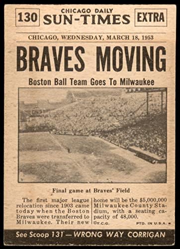 1954 Topps 130 xCOA Braves се изпращат в Милуоки (карта) (В него няма твърди черни ленти, но могат да останат