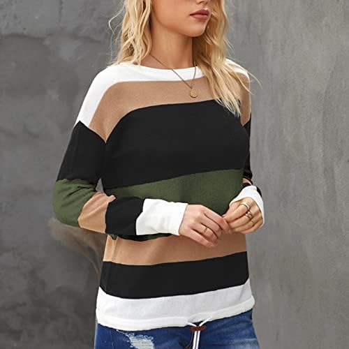 RMXEi Женски Модерен Пуловер с цветен елемент в Ивицата е със Средна Дължина, Без Пуловер с кръгло деколте и