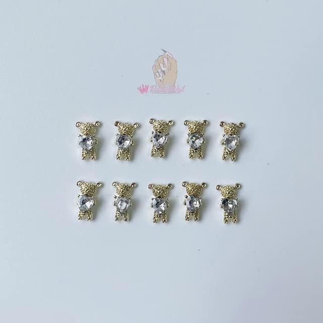 10шт Кавайные Амулети за нокти на Мечка от Златен сплав Zicron 3D декорация за Маникюр с Пайети и Кристали за