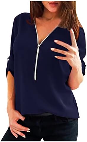 Есенно Лятна Блуза-риза с цип за момичета 2023, Шифоновый Топ с дълъг ръкав и Дълбоко V-образно деколте, Обикновен,