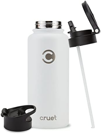 Случайна бутилка за вода с 2 Капаци От Cruet - Фланец термос с двойни стени от неръждаема стомана със сламен