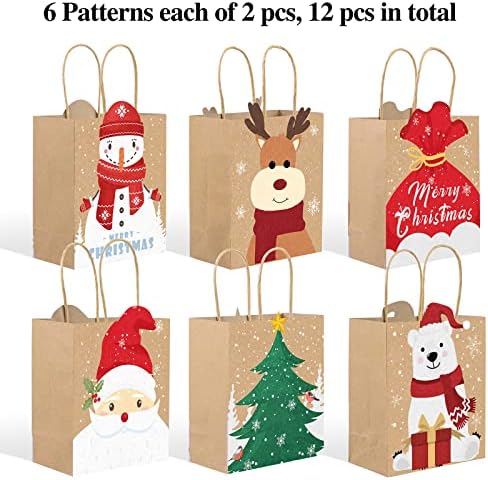 Cooraby 24 Бр. Коледни крафт торби с дръжки 7x6,3x3,1 Инча, Хартиени торби за подаръци за Коледа с Цигарена хартия, бирками и Въже, Коледни Опаковки за подаръци, Разнообразни