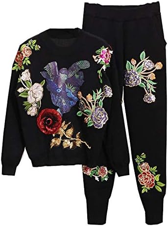 YUTRD ZCJUX Нови Зимни дамски комплекти, Вязаный пуловер от две части с дълъг ръкав, расшитый искри Топ с цветя,
