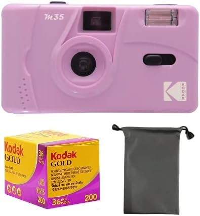 Множество филмова камера Kodak M35 35 мм, без фокусиране, вградена мощна светкавица, Комплект с фолио и чанта за фотоапарат (лилава, златна 200 филм 36 экз. и комплект с чант?