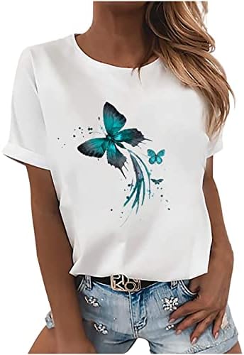 Женска тениска с Кръгло Деколте и деколте Лодка, Графична Пеперуда, Дъгата Наклон, Луната, Карта на Слънцето,