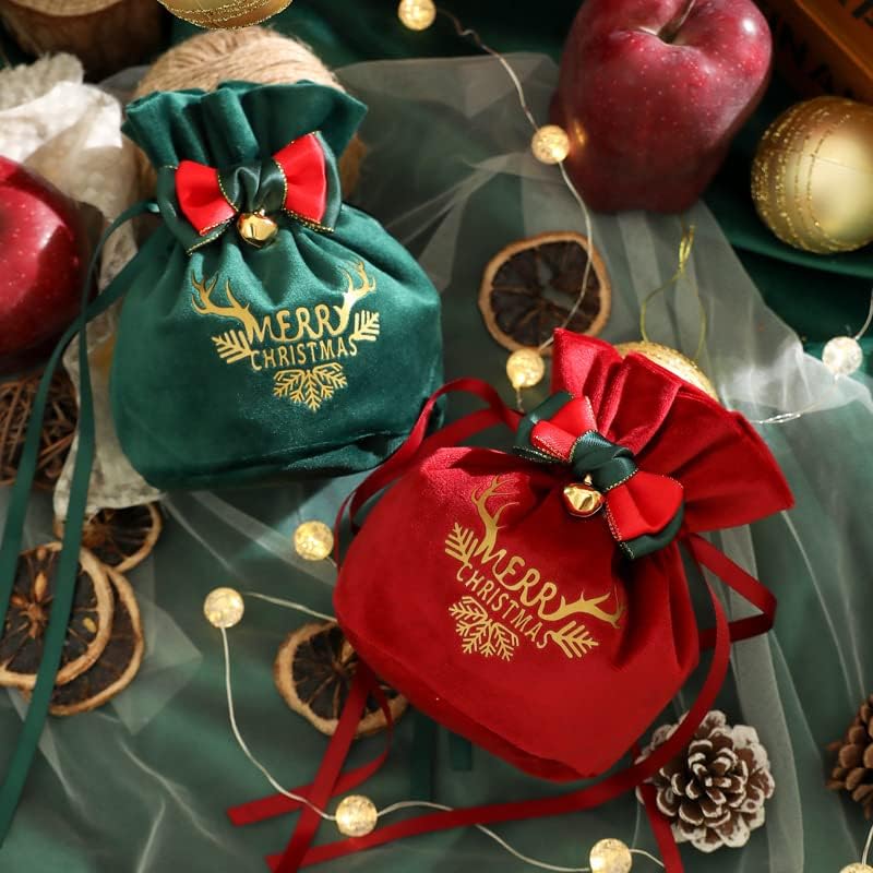 EOFLW Коледна чанта за ябълки, Velvet джоба на съвсем малък, чанта за съхранение на подаръци в навечерието на Коледа, Плодов Коледен подарък (Цвят: Вино-червено Лък с олен?