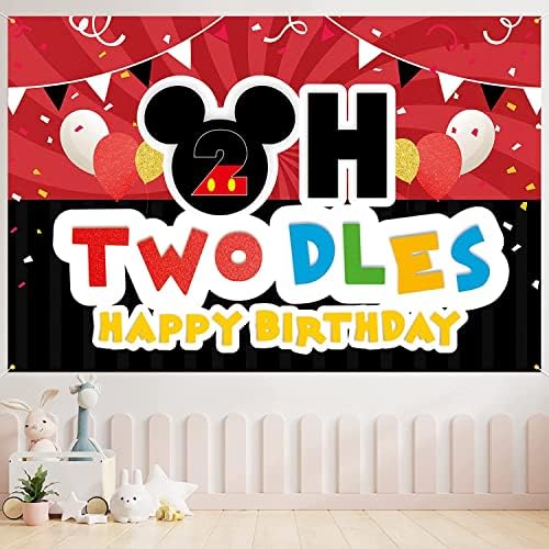 Oh Twodles Фон на Знамето Червен и Черен Карикатура Happy 2nd Birthday Тематични Украси за партита Поздрав за