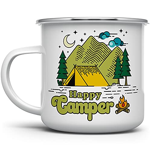 Кафеена Чаша Happy Camper в Ретро стил От Огъня, Туризъм Чаша За приключения сред Природата, Подарък за Фен