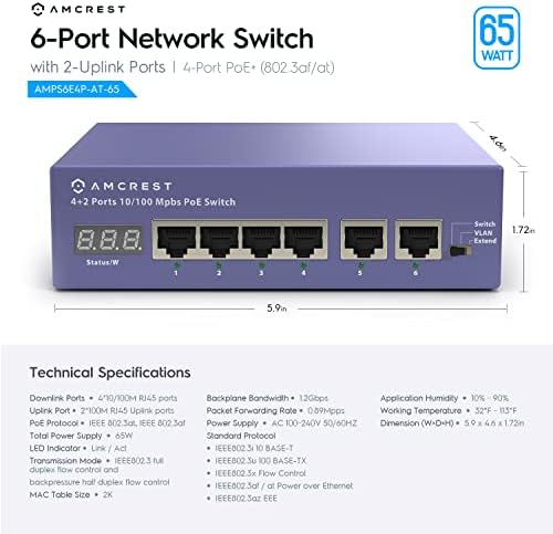 Комутатор Amcrest AMPS5E4P-At-65 с 5 порта PoE+ Power Over Ethernet-Poe