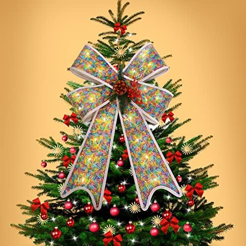 Коледна Лък, led светлини, лък за Коледната елха с функция таймер, Лък с подсветка от PVC, Голям Коледен Венец, лък с пайети и борови копче за коледната украса на закрито